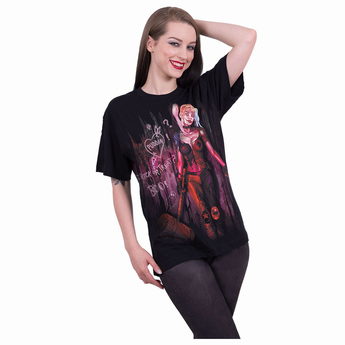 DC Comics Unisex T-Shirt: Batman Harley Quinn Trick Or Treat (Black)