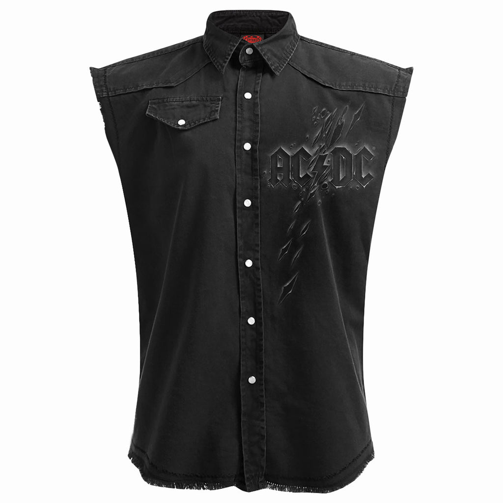 AC/DC Unisex Worker Shirt: Back In Black Torn (Black) (Back Print)