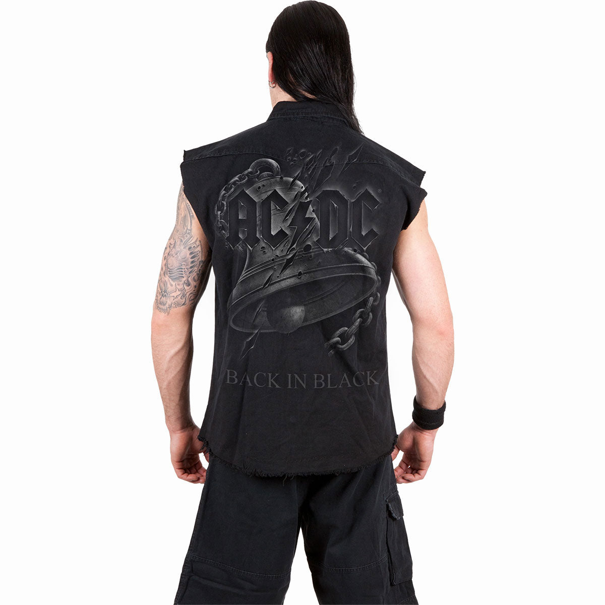 AC/DC Unisex Worker Shirt: Back In Black Torn (Black) (Back Print)