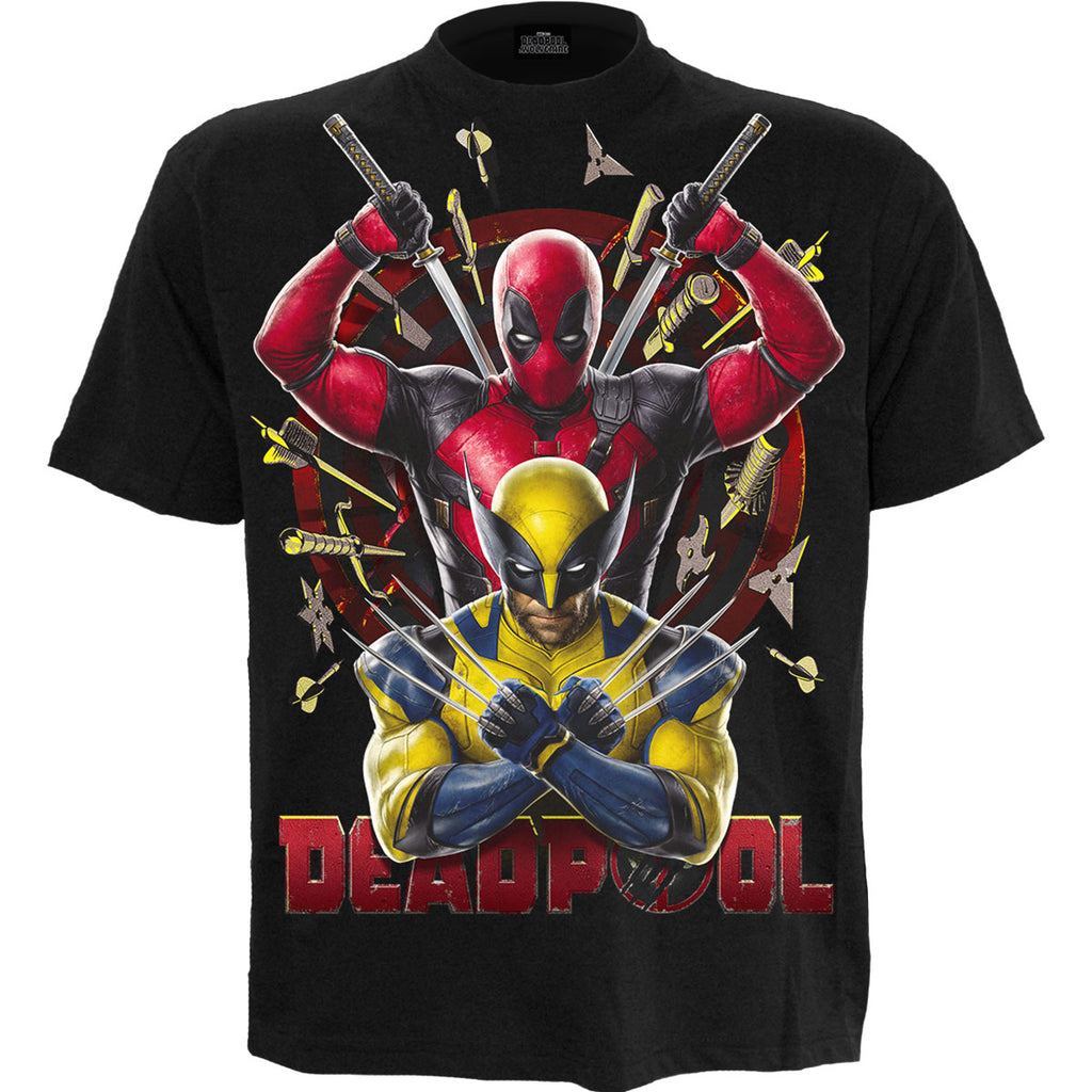 Marvel Comics Unisex T-Shirt: Deadpool Wolverine Bullseye (Black) (Back Print)