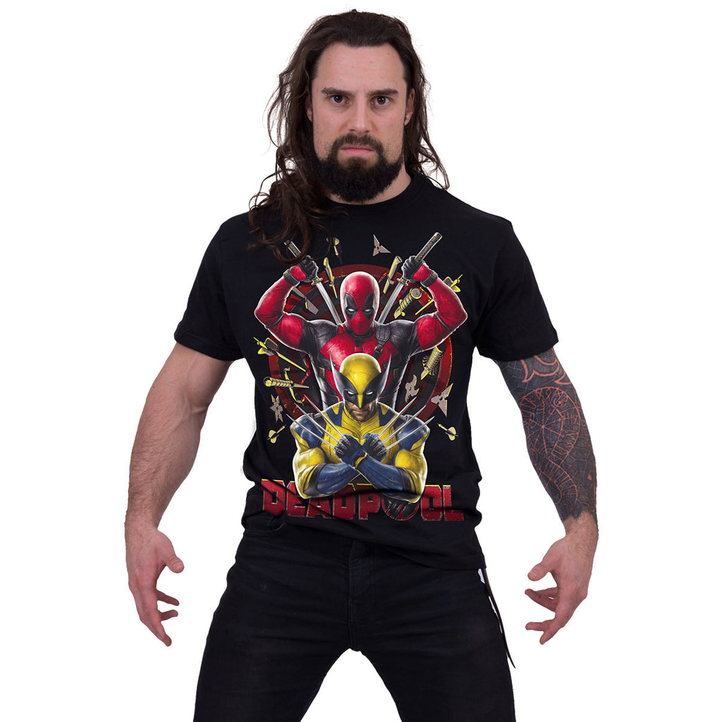 Marvel Comics Unisex T-Shirt: Deadpool Wolverine Bullseye (Black) (Back Print)