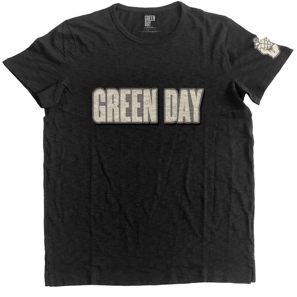Green Day Unisex T-Shirt: Logo & Grenade Applique (Black) (Embellished) (LOS)