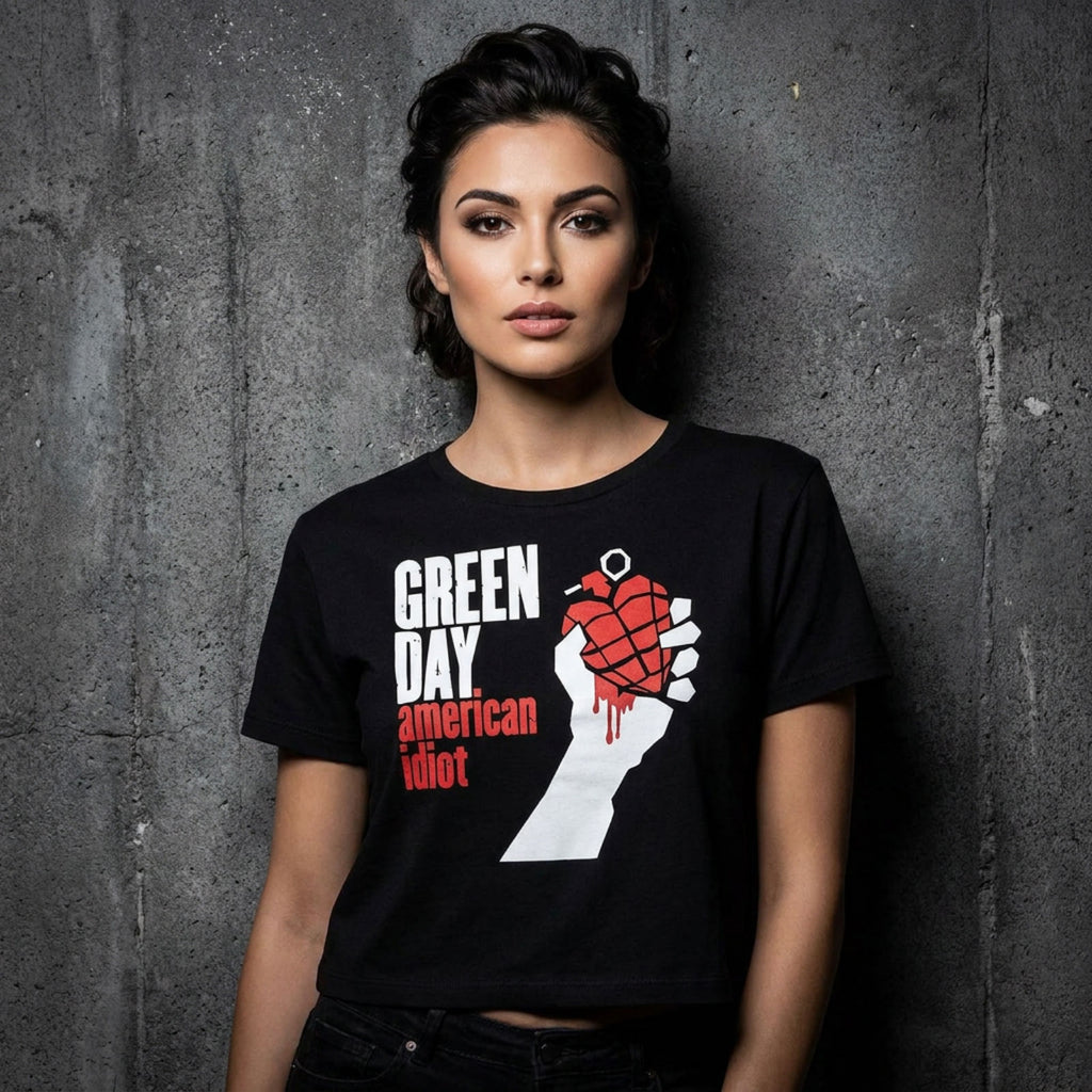 Green Day Ladies Crop Top: American Idiot (Black)