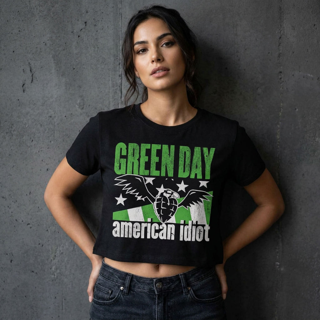 Green Day Ladies Crop Top: American Idiot Wings (Black)
