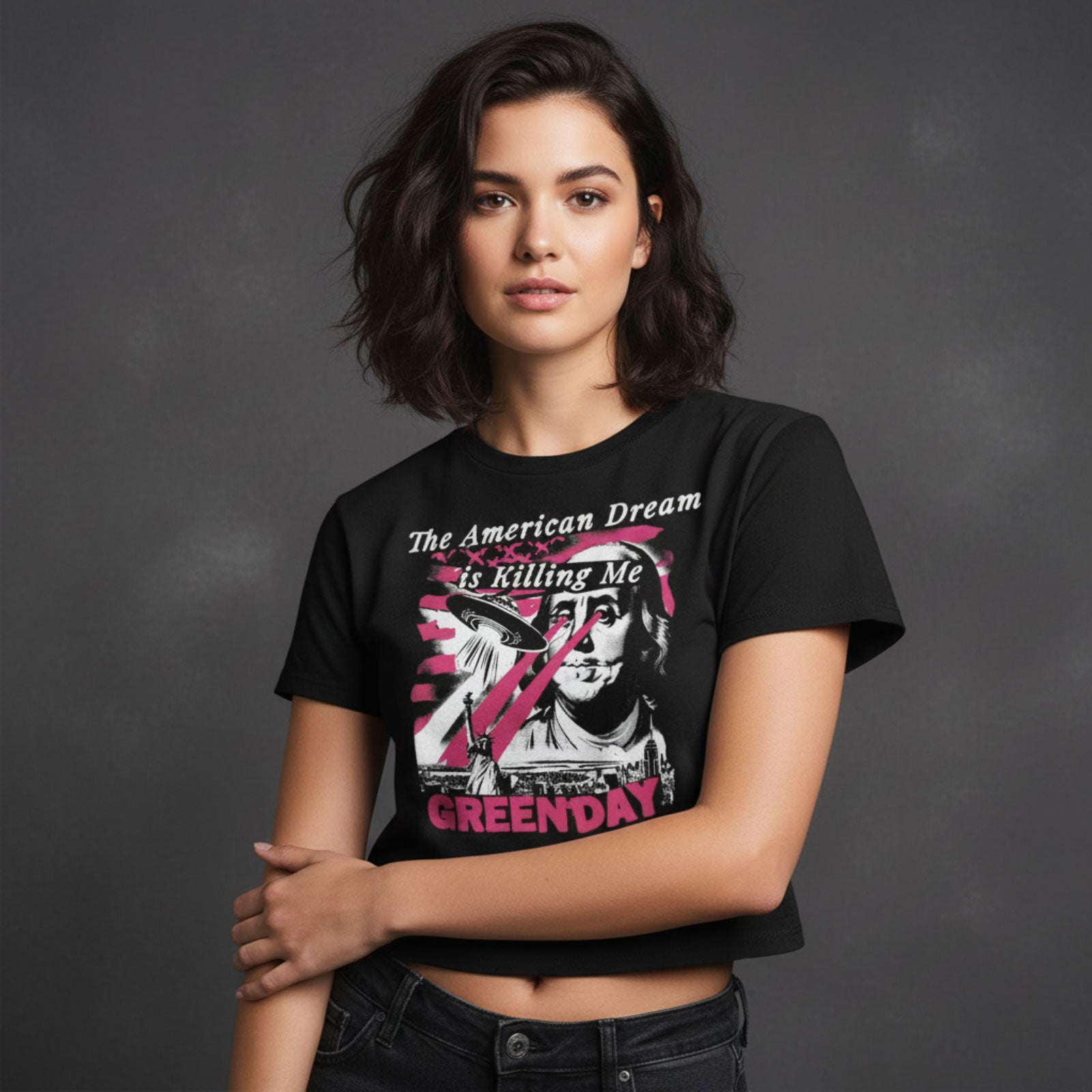 Green Day Ladies Crop Top: American Dream (Black)