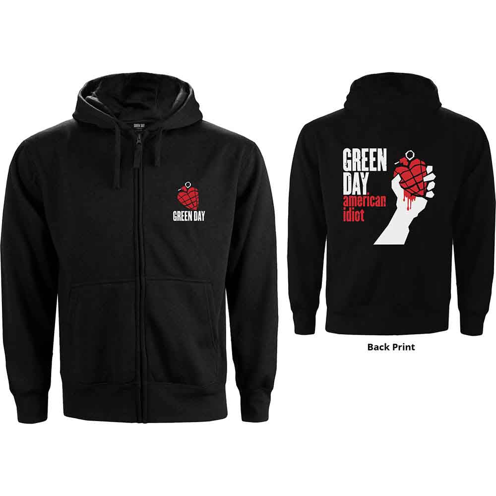 Green Day Ladies Zipped Hoodie: American Idiot (Black) (Back Print)