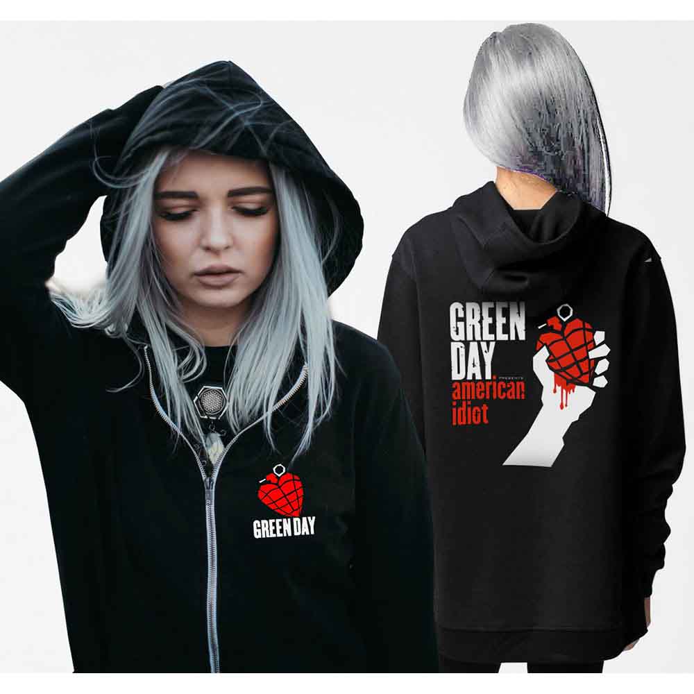 Green Day Ladies Zipped Hoodie: American Idiot (Black) (Back Print)