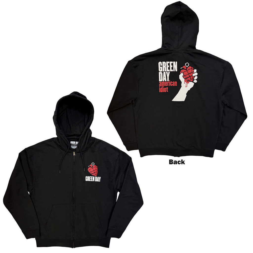 Green Day Unisex Zipped Hoodie: American Idiot (Black) (Back Print)