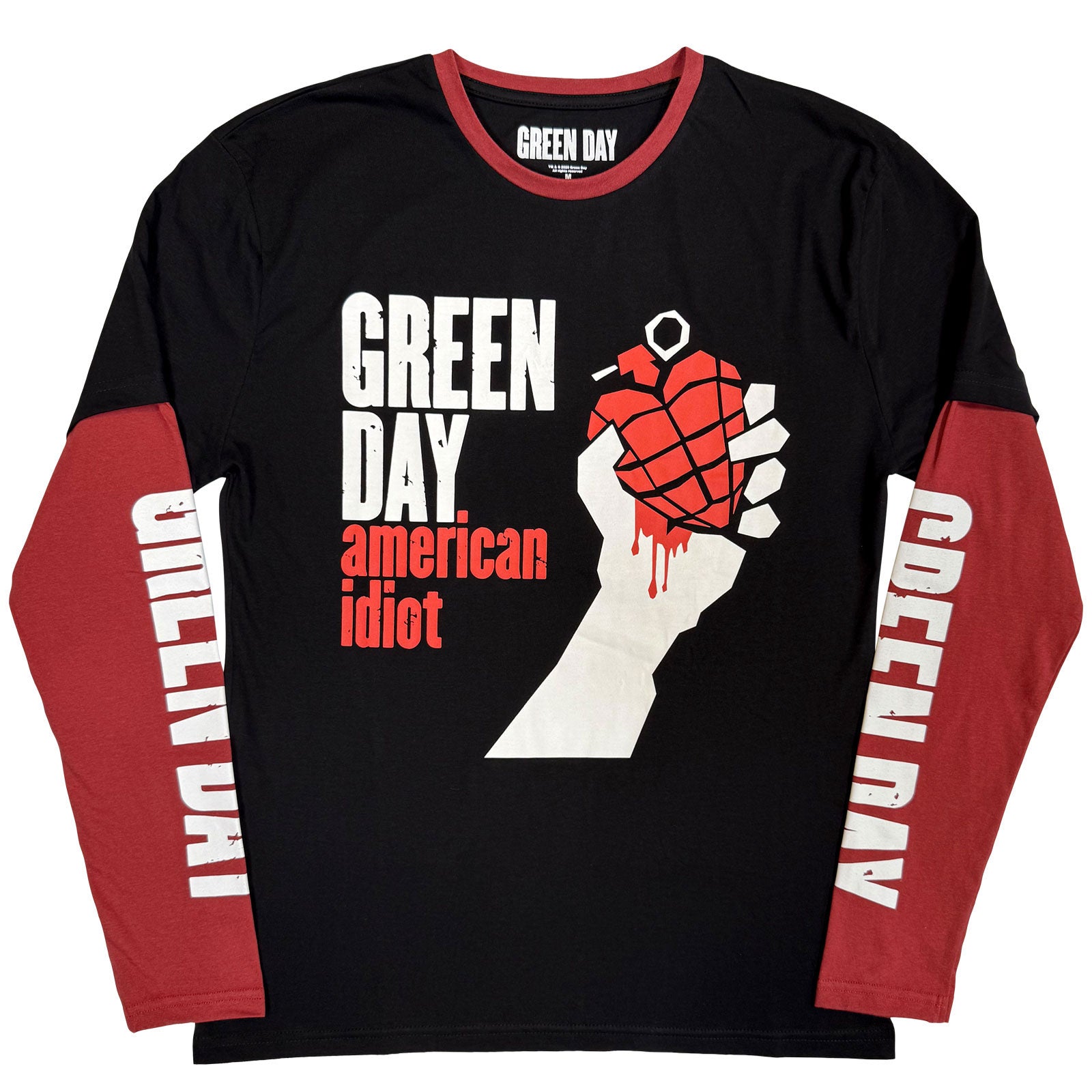 Green Day Unisex 2 In 1 Layered Long Sleeve T-Shirt: American Idiot (Black & Red) (Sleeve Print)