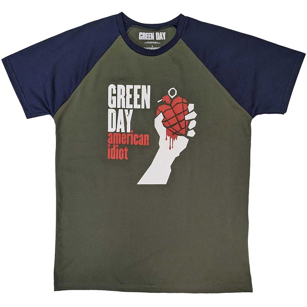 Green Day Unisex Raglan T-Shirt: American Idiot (Khaki Green & Navy Blue)