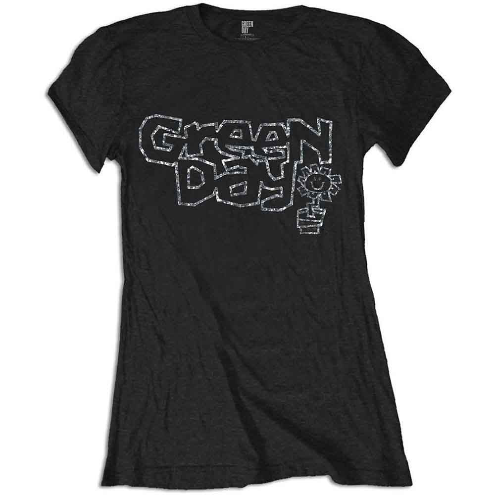 Green Day Ladies T-Shirt: Flower Pot (Black) (Embellished)