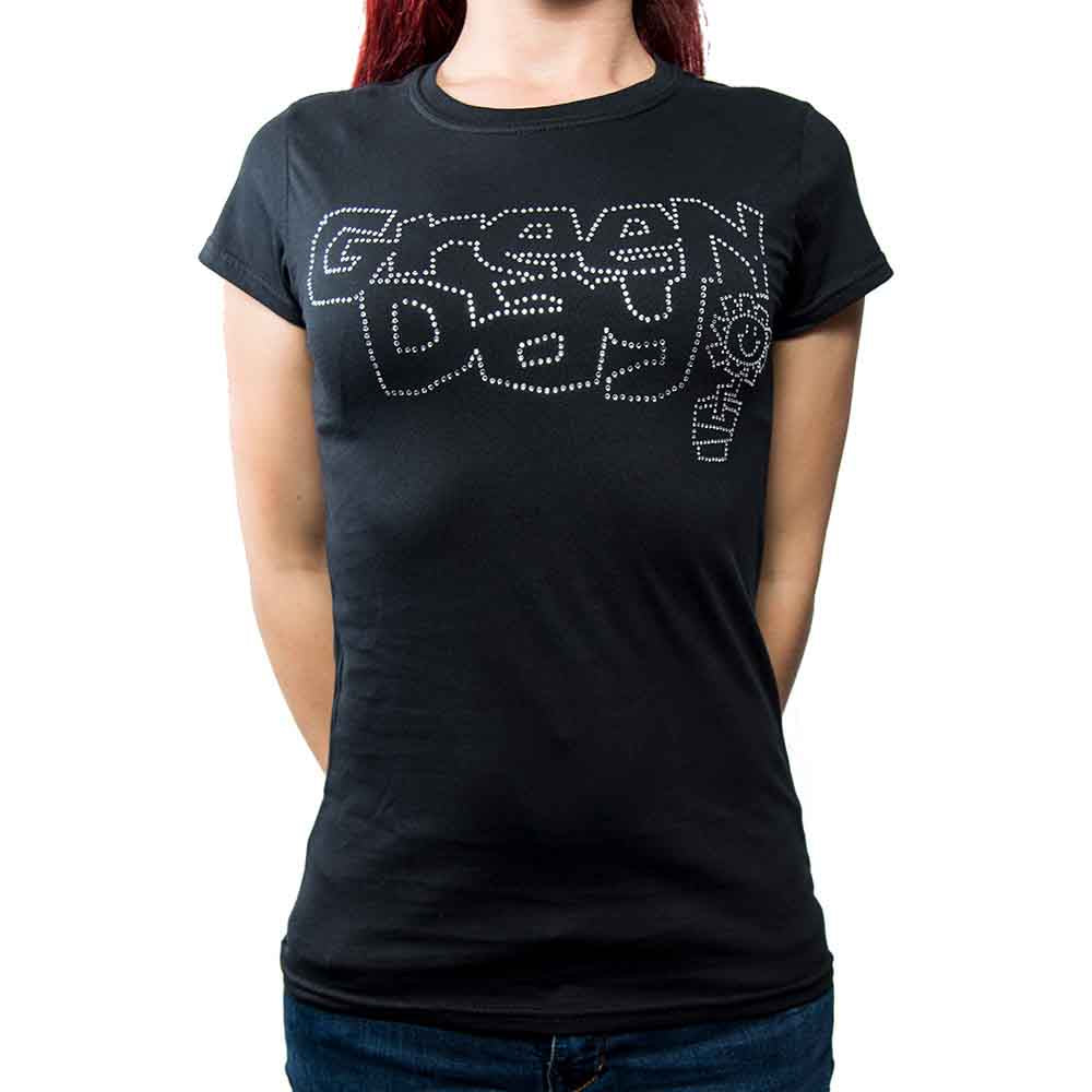 Green Day Ladies T-Shirt: Flower Pot (Black) (Embellished)