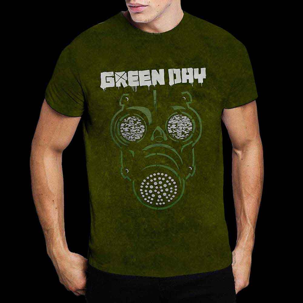 Green Day Unisex T-Shirt: Gas Mask (Khaki Green) (Wash Collection)