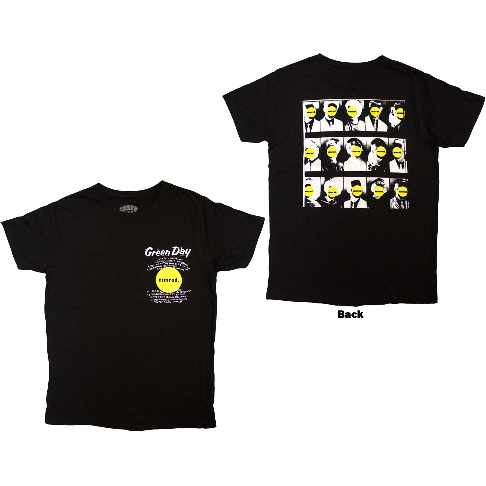 Green Day Unisex T-Shirt: Nimrod Pocket Mugshots (Black) (Back Print)