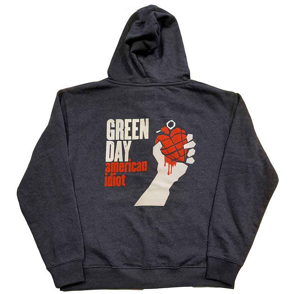 Green Day Unisex Zipped Hoodie: American Idiot (Navy Blue) (Back Print)