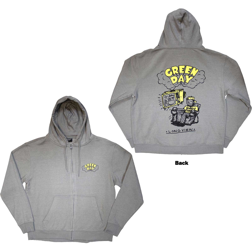 Green Day Unisex Zipped Hoodie: Longview Doodle (Grey) (Back Print)