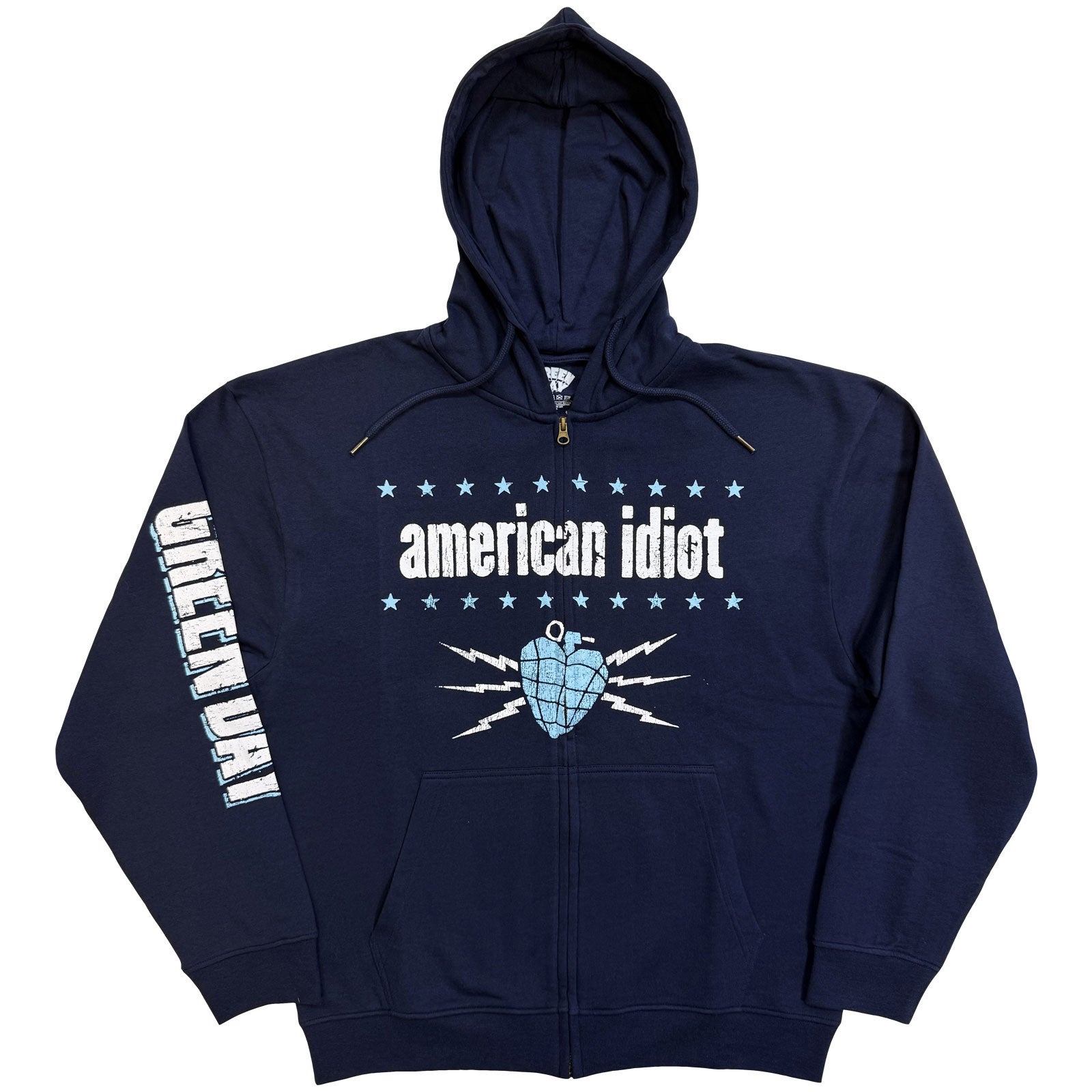 Green Day Unisex Zipped Hoodie: American Idiot Electric (Navy) (Sleeve Print)