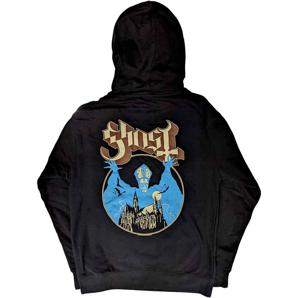 Ghost Unisex Pullover Hoodie: Pocket Logo & Opus (Black) (Back Print)