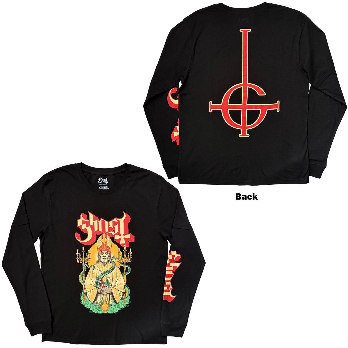 Ghost Unisex 2 In 1 Layered Long Sleeve T-Shirt: Serpent Split (Black) (Back Print)