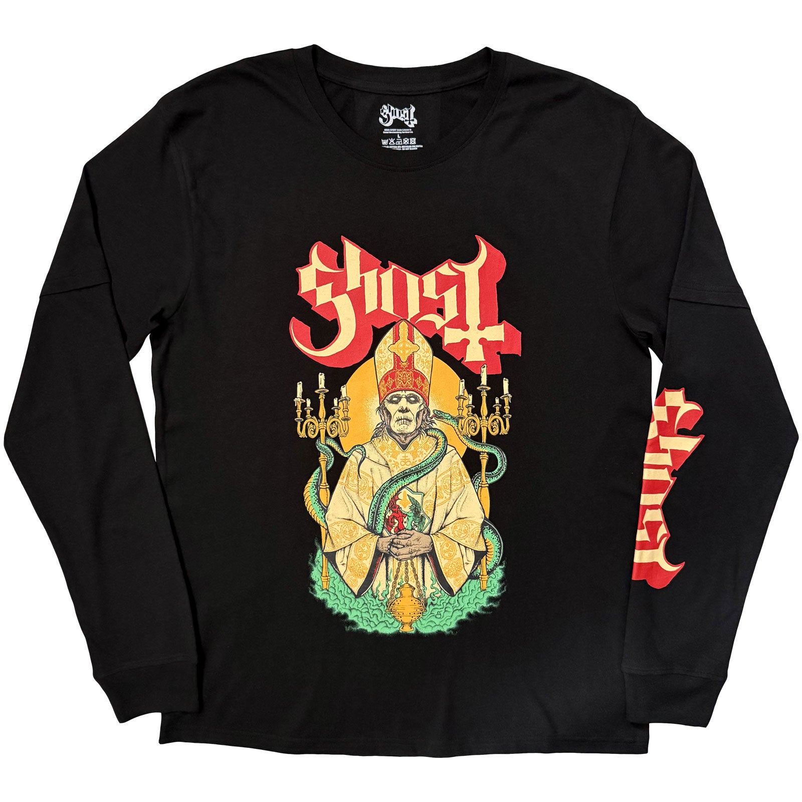Ghost Unisex 2 In 1 Layered Long Sleeve T-Shirt: Serpent Split (Black) (Back Print)