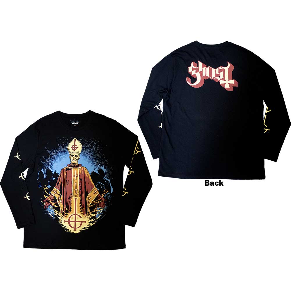 Ghost Unisex Long Sleeve T-Shirt: Papa & Radient Ghouls (Black) (Back & Sleeve Print)