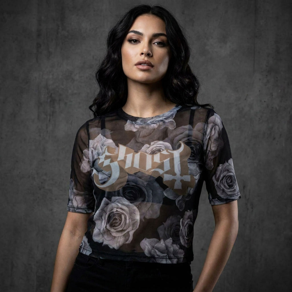Ghost Ladies Mesh Crop Top: Logo & Roses (Black)