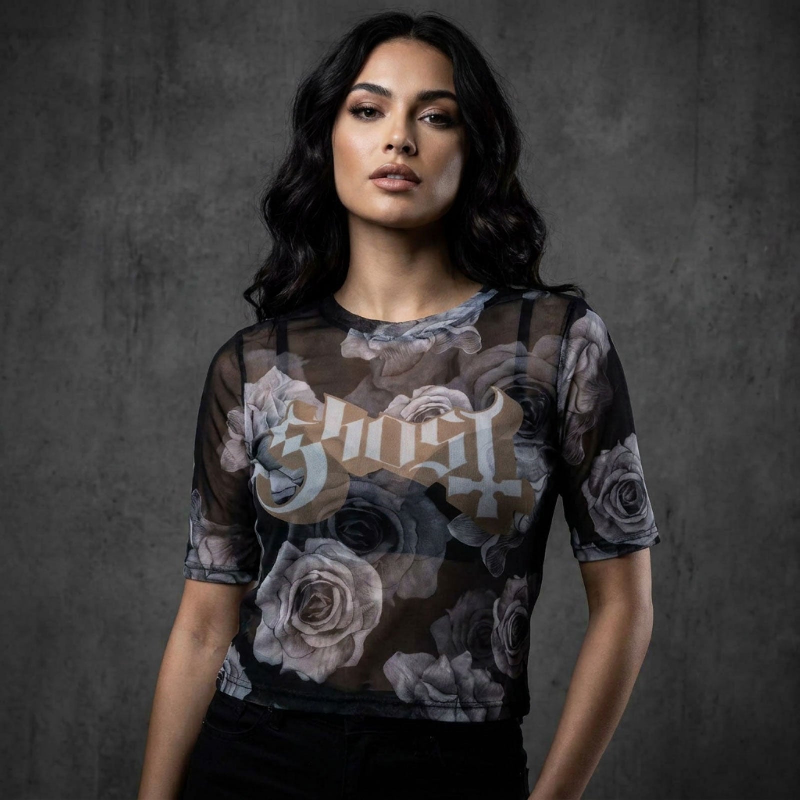 Ghost Ladies Mesh Crop Top: Logo & Roses (Black)