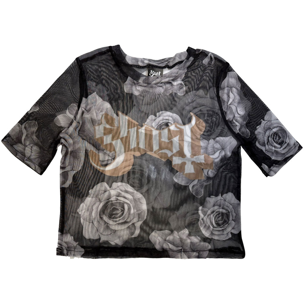 Ghost Ladies Mesh Crop Top: Logo & Roses (Black)