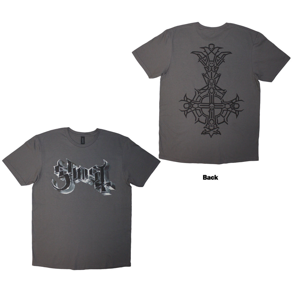 Ghost Unisex T-Shirt: Chrome Logo & Grucifix Outline (Charcoal Grey) (Back Print)