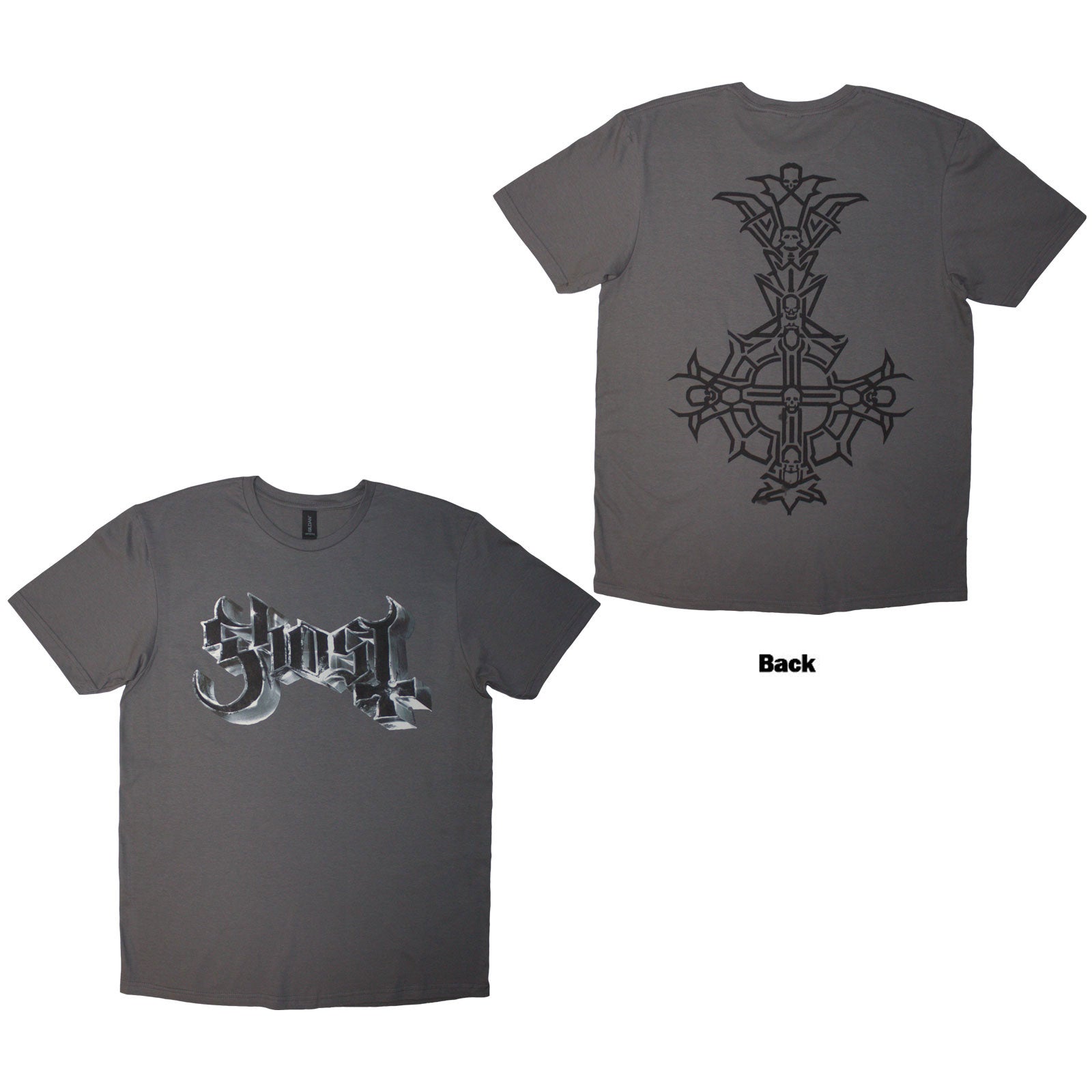 Ghost Unisex T-Shirt: Chrome Logo & Grucifix Outline (Charcoal Grey) (Back Print)