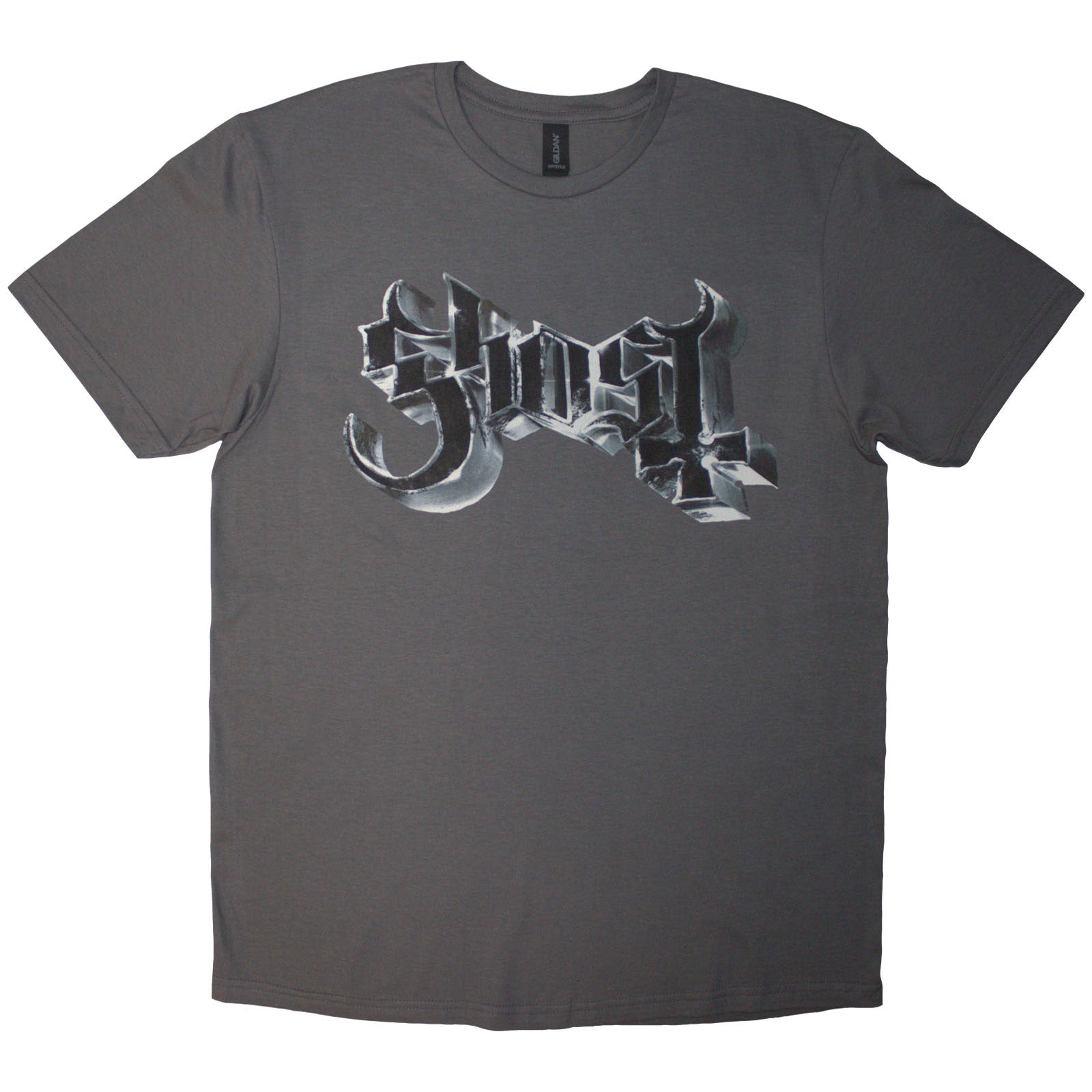Ghost Unisex T-Shirt: Chrome Logo & Grucifix Outline (Charcoal Grey) (Back Print)