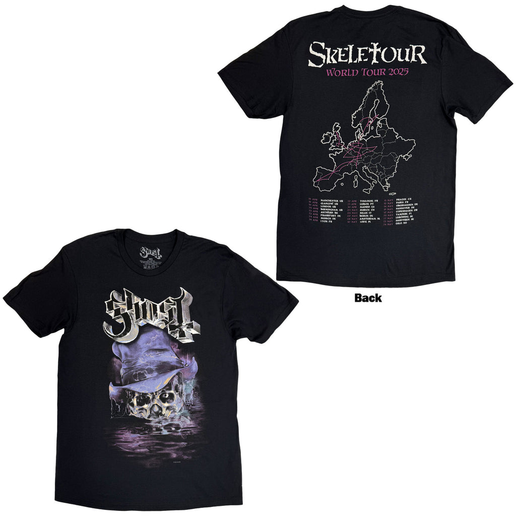 Ghost Unisex T-Shirt: Skeletour Admat '25 Tour Dates (Black) (Back Print)