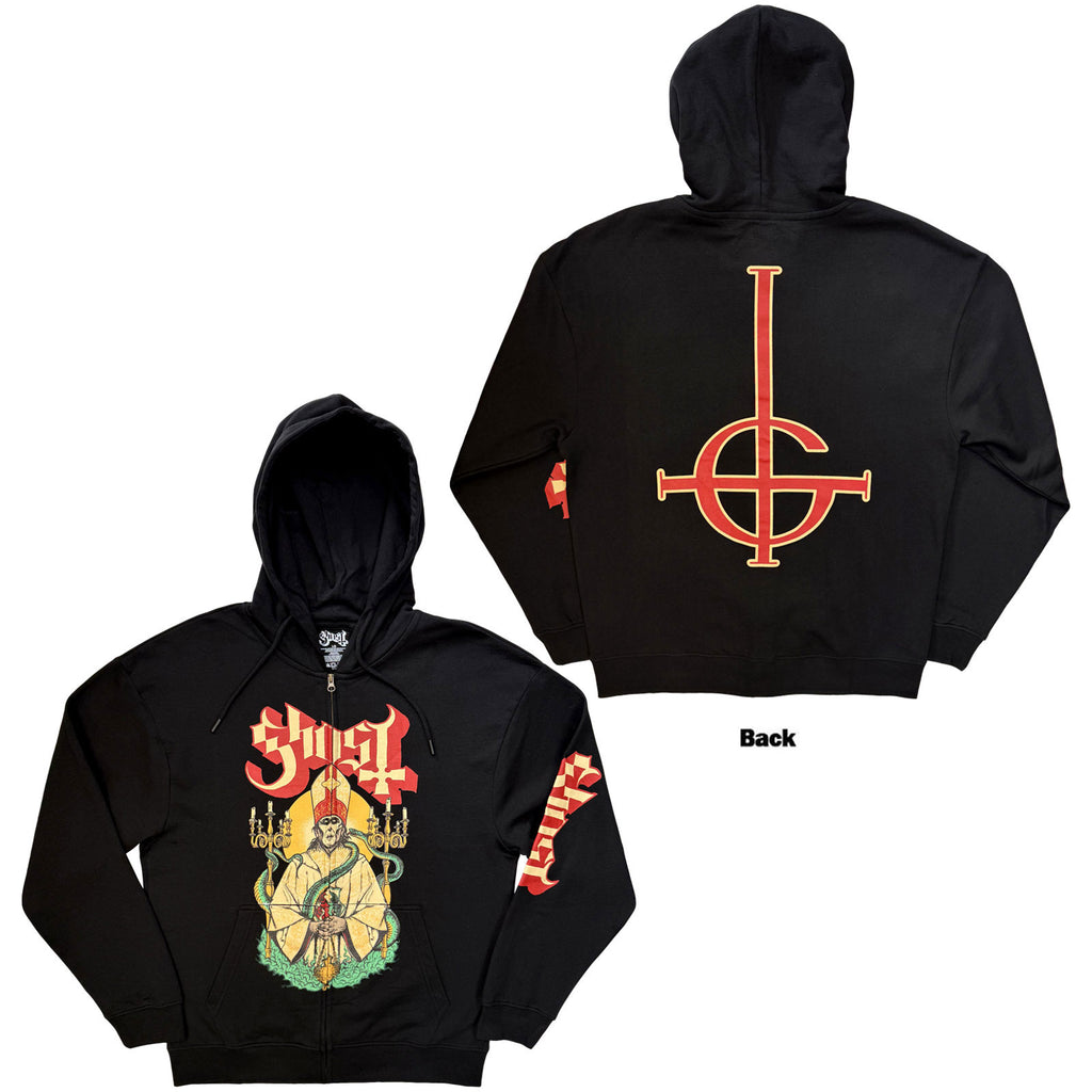 Ghost Unisex Zipped Hoodie: Serpent Split (Black) (Back & Sleeve Print) (QUAR:EXCL)