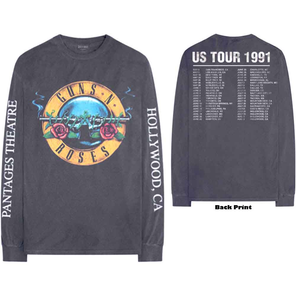 Guns N' Roses Unisex Long Sleeve T-Shirt: Hollywood Tour (Charcoal Grey) (Back & Sleeve Print)