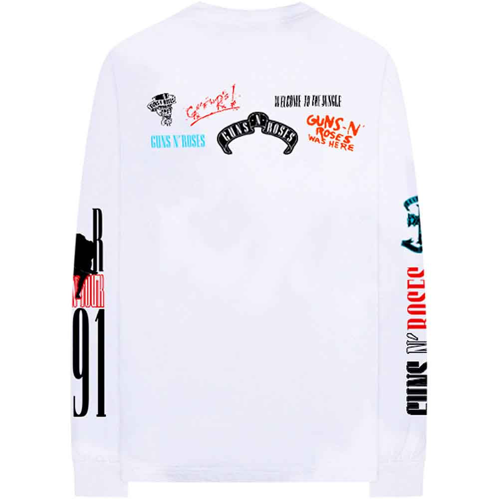 Guns N' Roses Unisex Long Sleeve T-Shirt: Motorcross Logo (White) (Back & Sleeve Print)