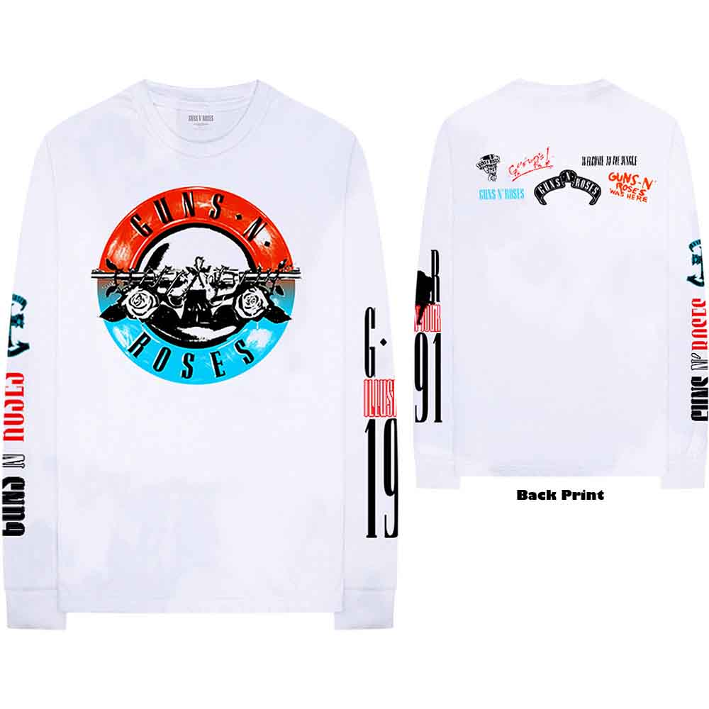 Guns N' Roses Unisex Long Sleeve T-Shirt: Motorcross Logo (White) (Back & Sleeve Print)