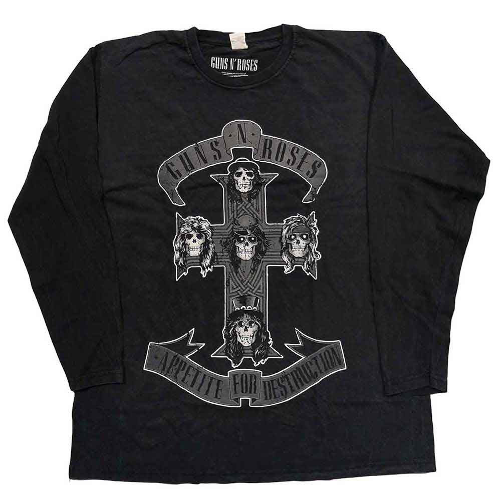 Guns N' Roses Unisex Long Sleeve T-Shirt: Monochrome Cross (Black) (Wash Collection)