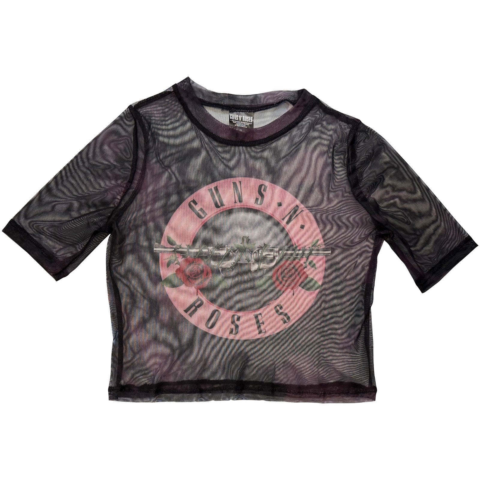 Guns N' Roses Ladies Mesh Crop Top: Pink Tint Bullet Logo (Black)