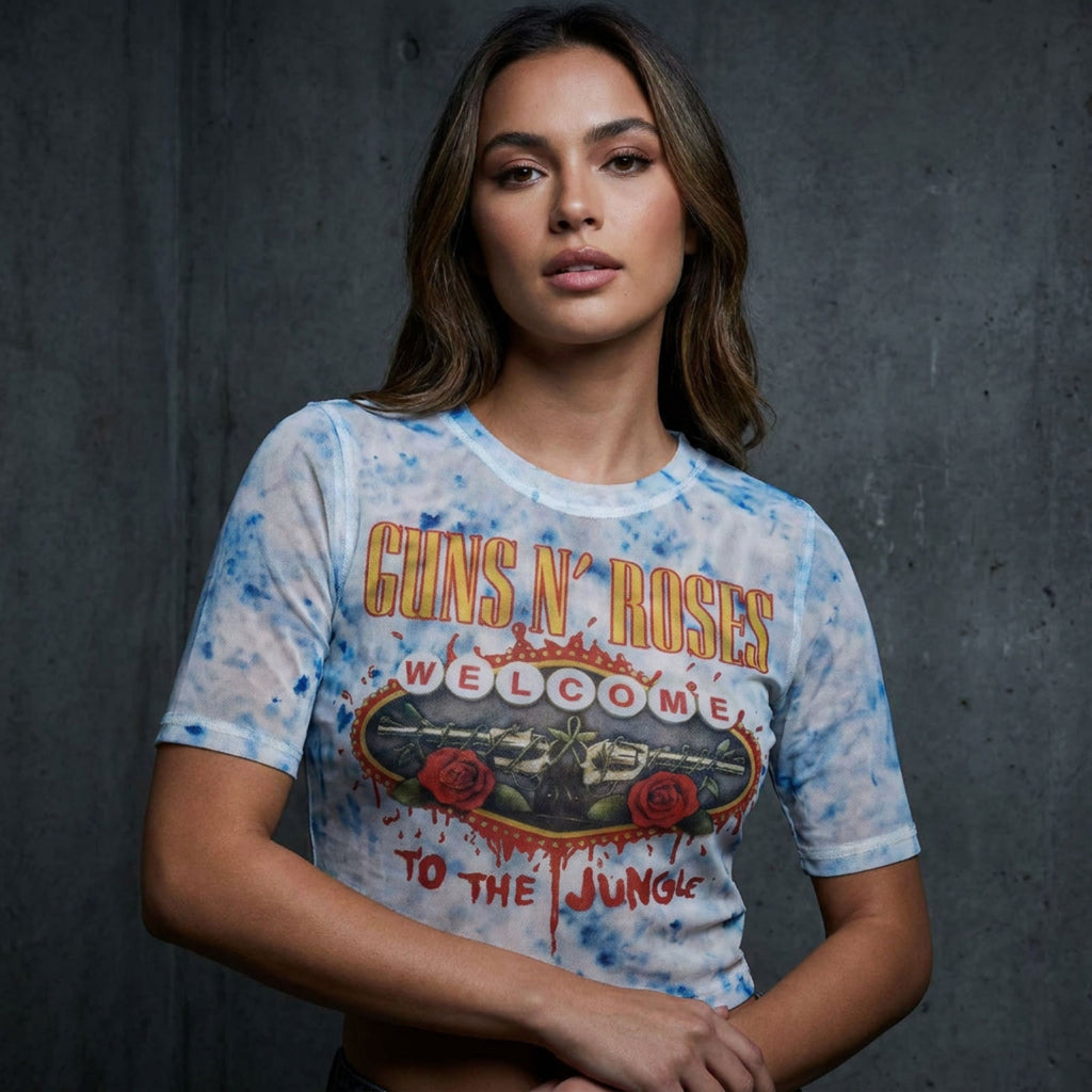 Guns N' Roses Ladies Mesh Crop Top: Welcome To The Jungle LV (White)
