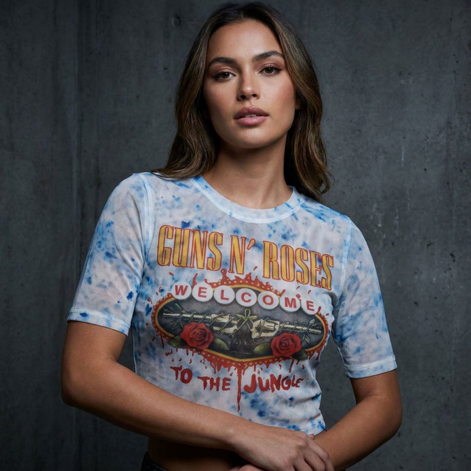 Guns N' Roses Ladies Mesh Crop Top: Welcome To The Jungle LV (White)
