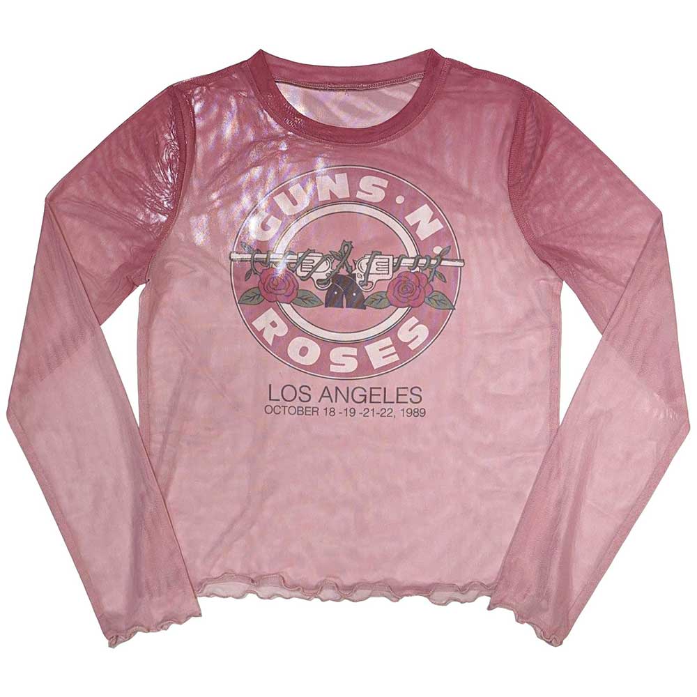 Guns N' Roses Ladies Long Sleeve Mesh Crop Top: Bullet Seal (Pink)