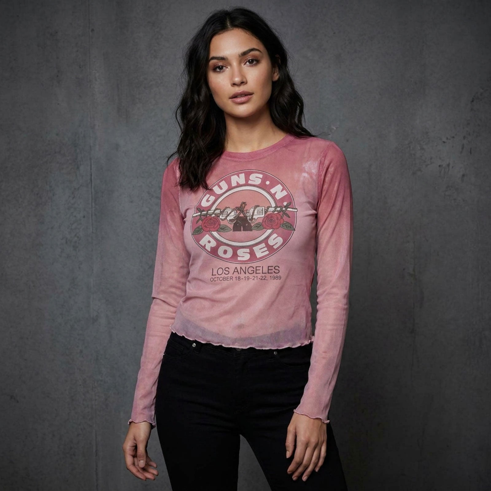 Guns N' Roses Ladies Long Sleeve Mesh Crop Top: Bullet Seal (Pink)