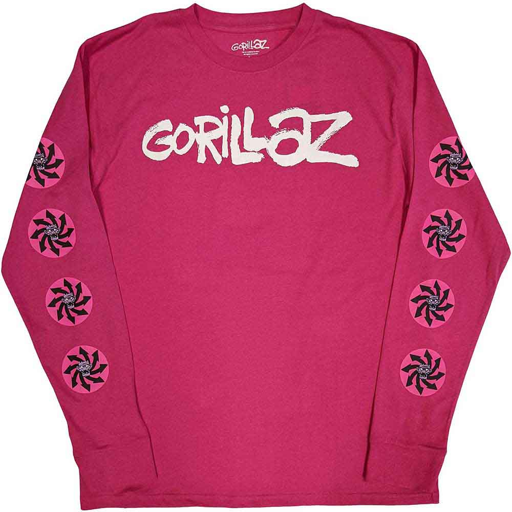 Gorillaz Unisex Long Sleeve T-Shirt: Repeat Pazuzu (Pink) (Sleeve Print)