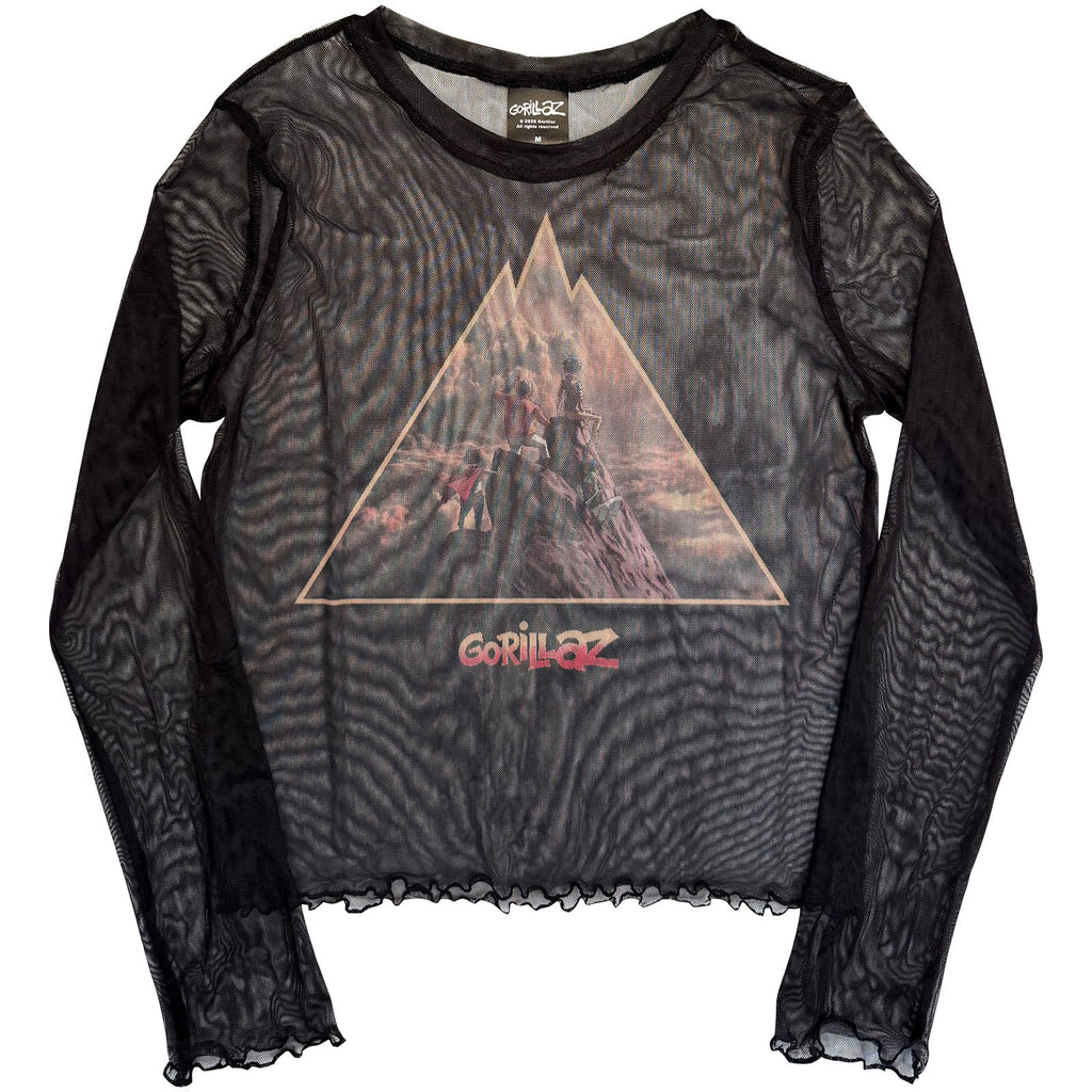 Gorillaz Ladies Long Sleeve Mesh Crop Top: The Mountain (Black)