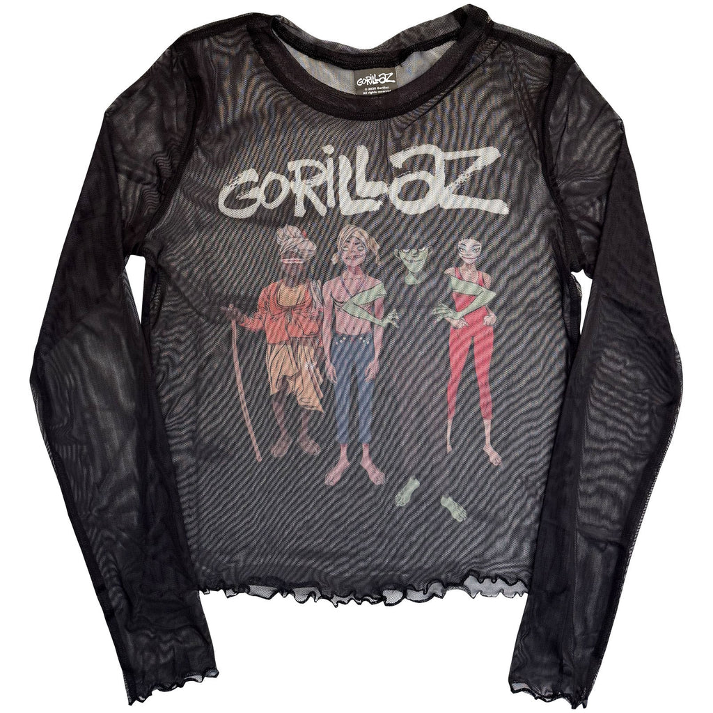 Gorillaz Ladies Long Sleeve Mesh Crop Top: The Mountain Group (Black)