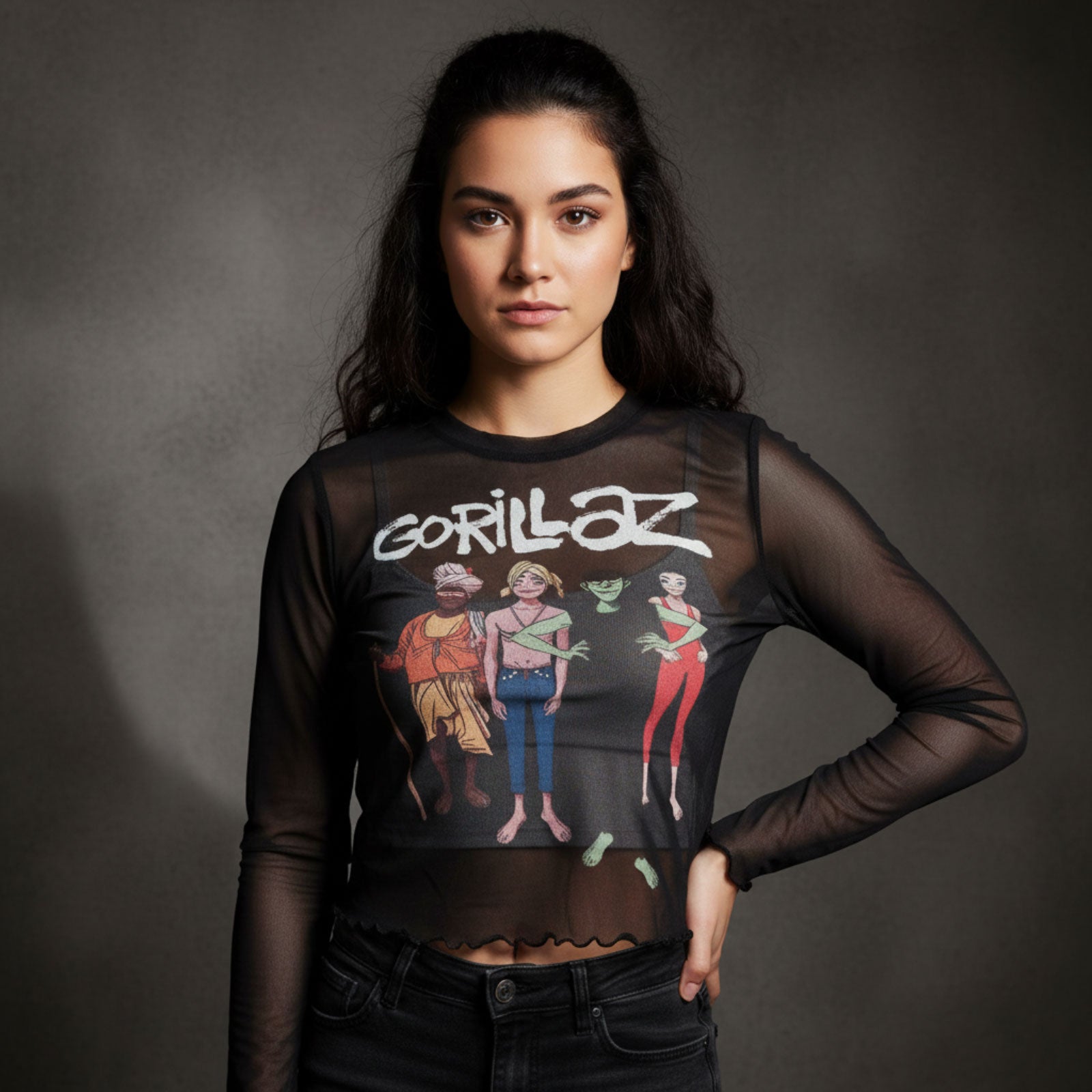 Gorillaz Ladies Long Sleeve Mesh Crop Top: The Mountain Group (Black)