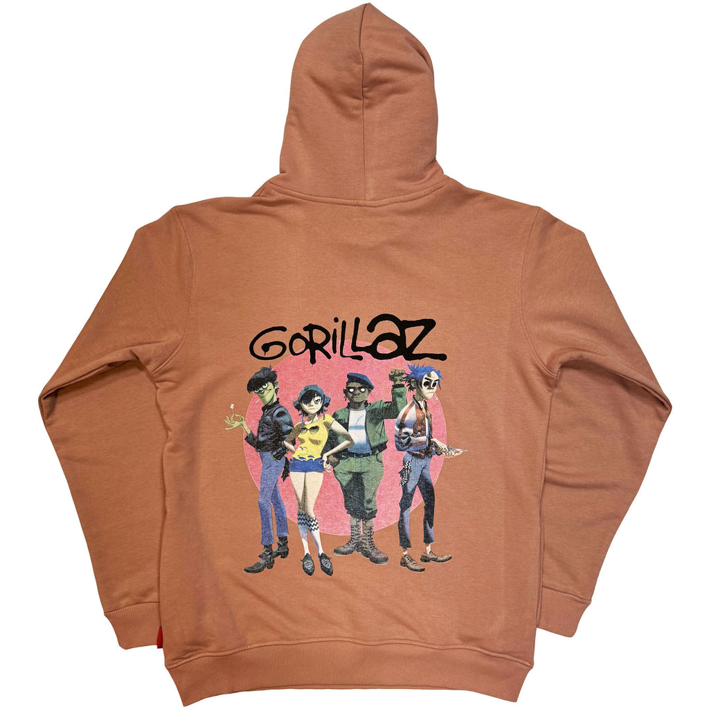 Gorillaz Unisex Unplugged Pullover Hoodie: Group Circle Rise (Pink) (Back Print)