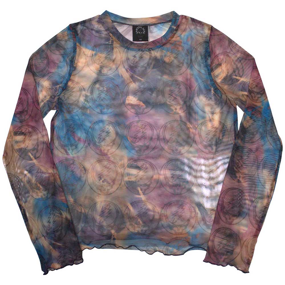 Grateful Dead Ladies Long Sleeve Mesh Crop Top: Stealy AOP (Purple)