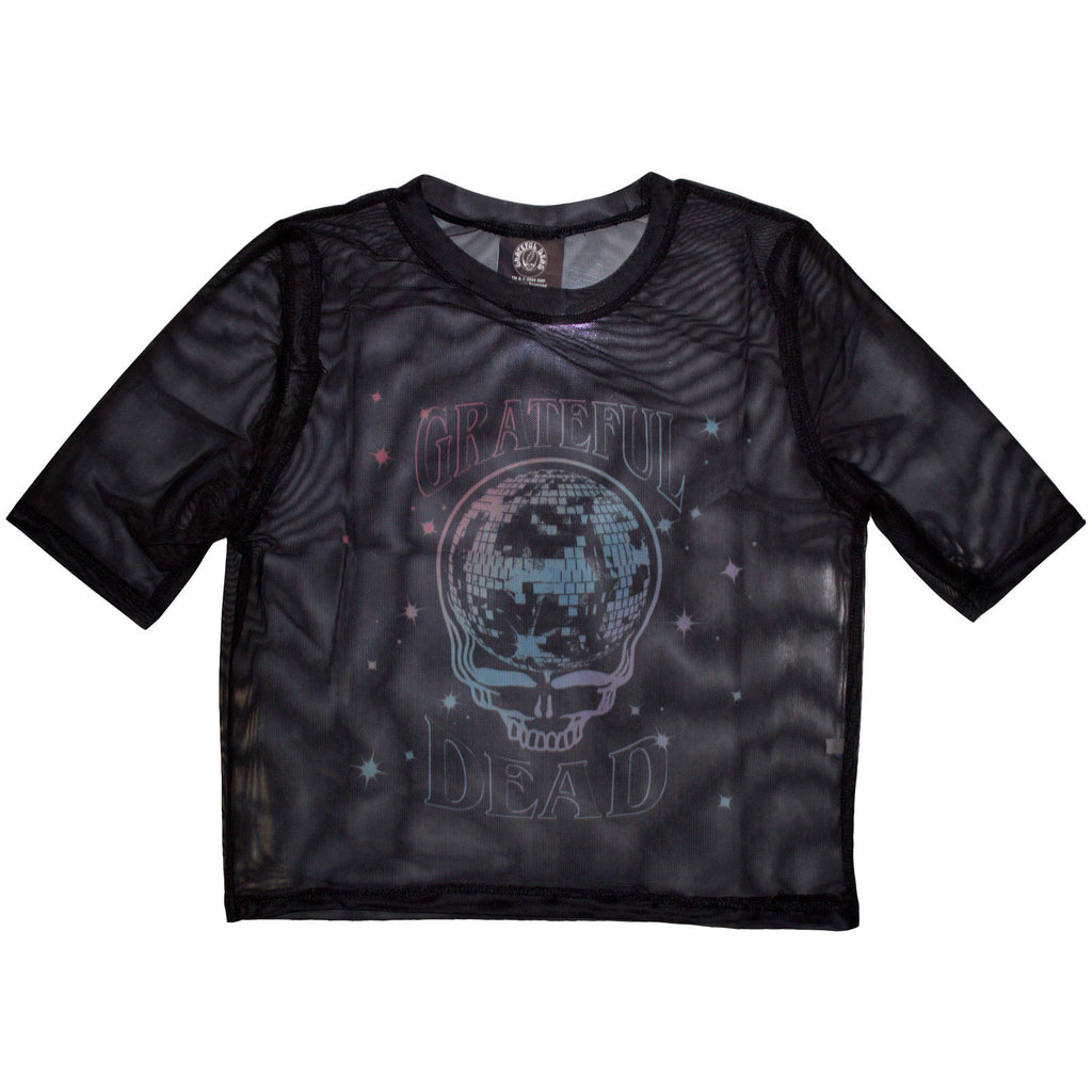 Grateful Dead Ladies Mesh Crop Top: Stealy Glitter Ball (Black)