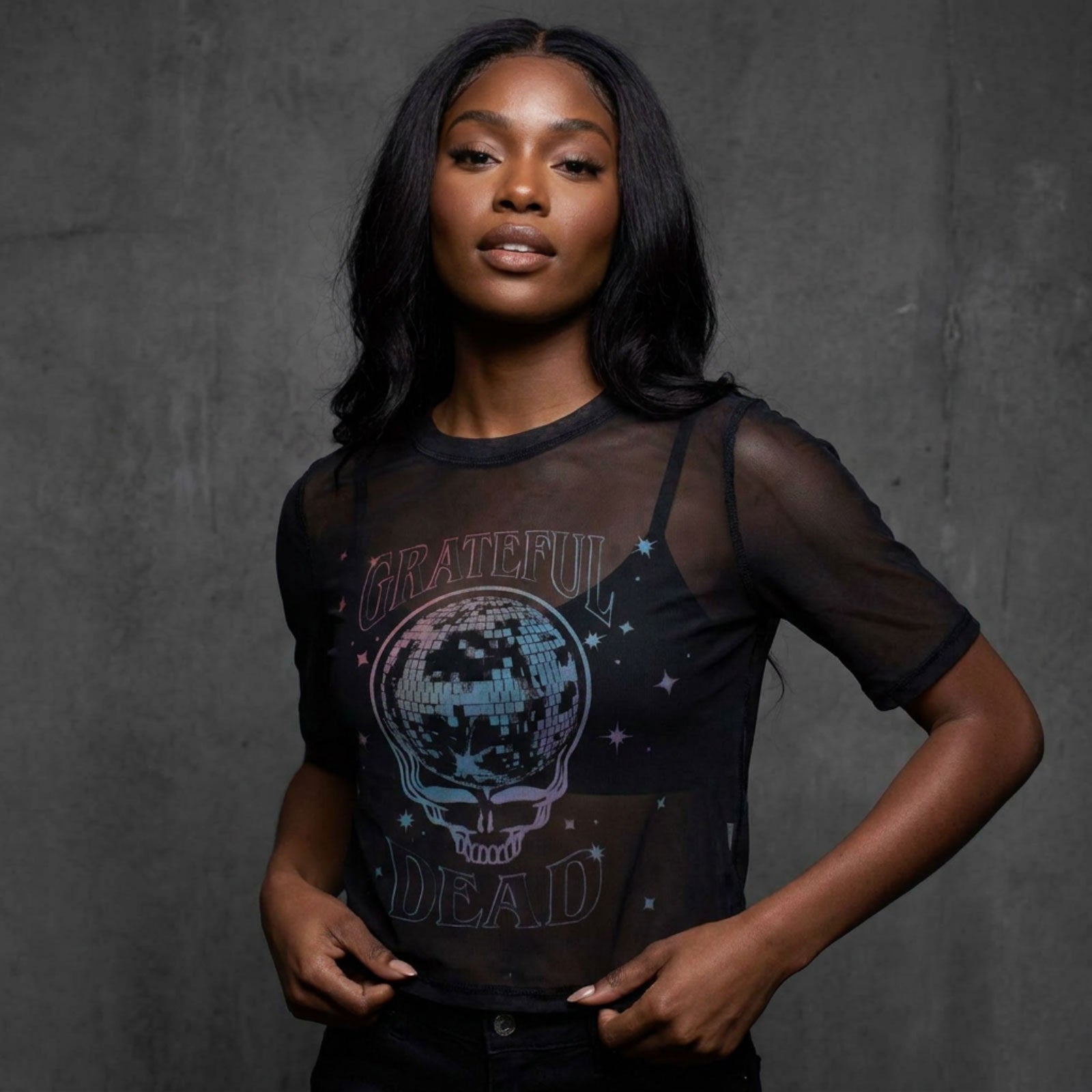 Grateful Dead Ladies Mesh Crop Top: Stealy Glitter Ball (Black)
